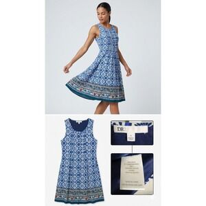 DR2 Blue White Tile Print Pleated Sleeveless Dress Womens Small